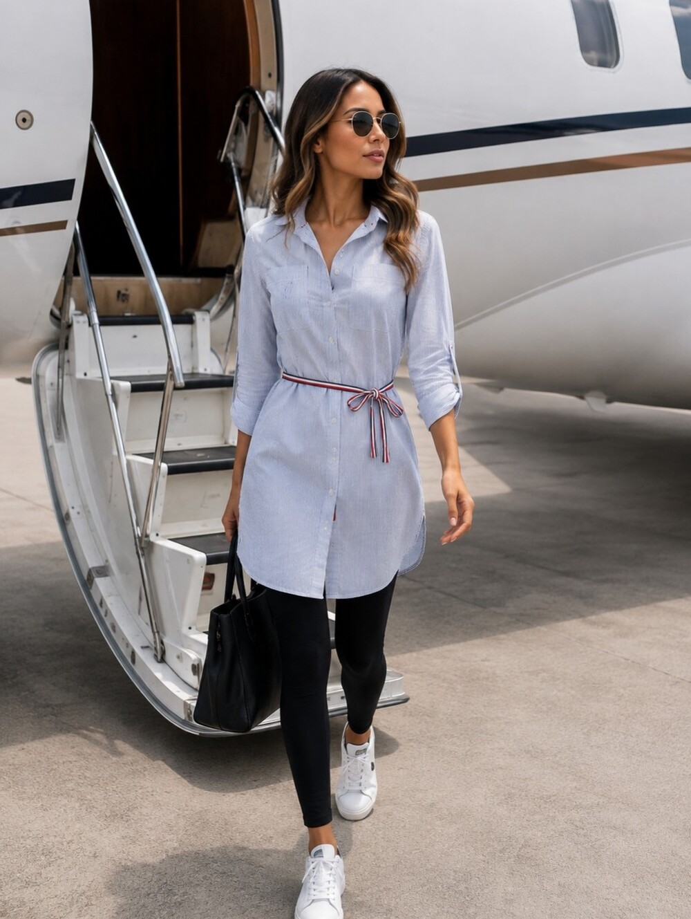 Tommy Hilfiger Light Blue Striped Shirt Dress with Red-White-Blue Tie
